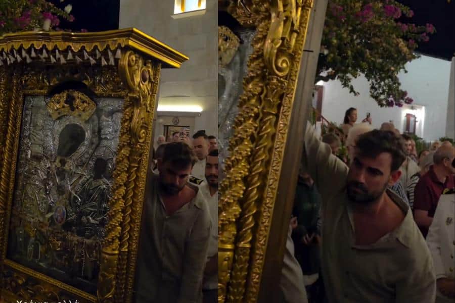 Συγκινεί ο Νίκος Πολυδερόπουλος: Σήκωσε στους ώμους την Παναγία Τουρλιανή στη Μύκονο (βίντεο)